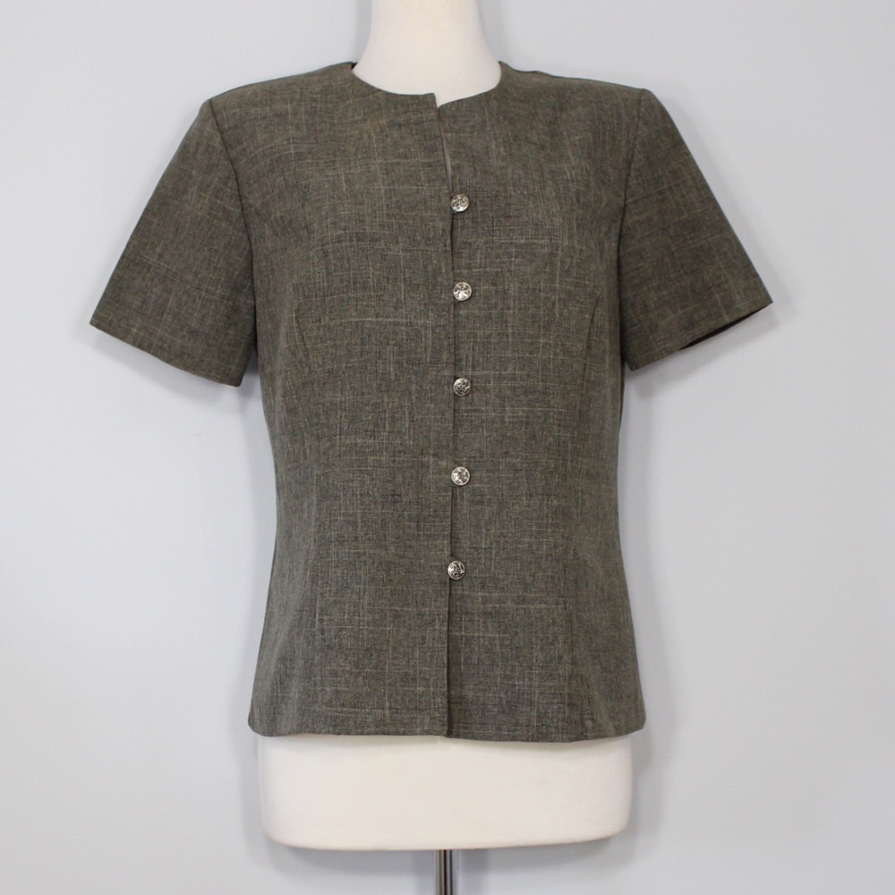 Vintage Sag Harbour Olive and Gray Button Down Short Sleeve Top